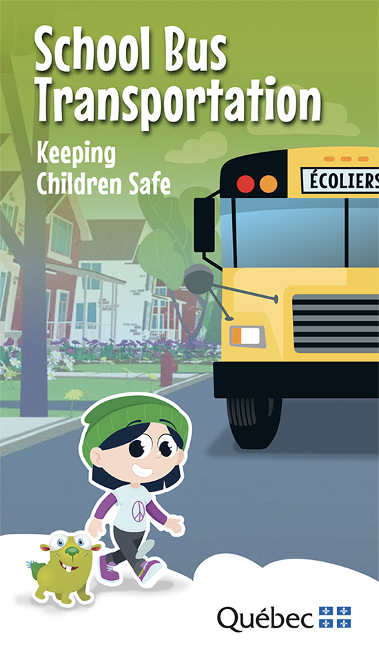 Cartoon school bus transportation poster with child crossing the street in front of a bus